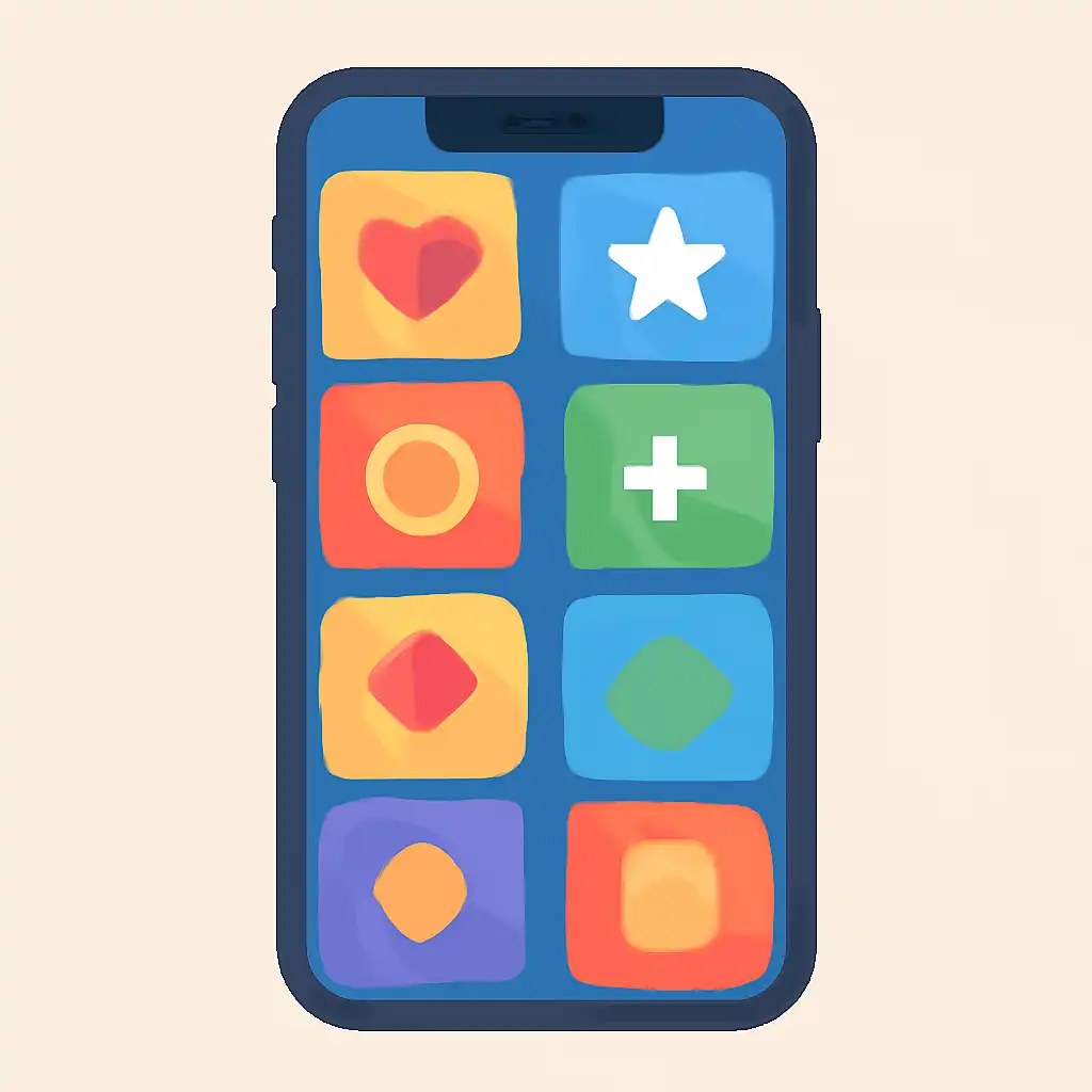 Smartphone shown from the front displaying a colourful flat layout of abstract game icons and rounded tiles (no text, no letters, no labels), 55 Club