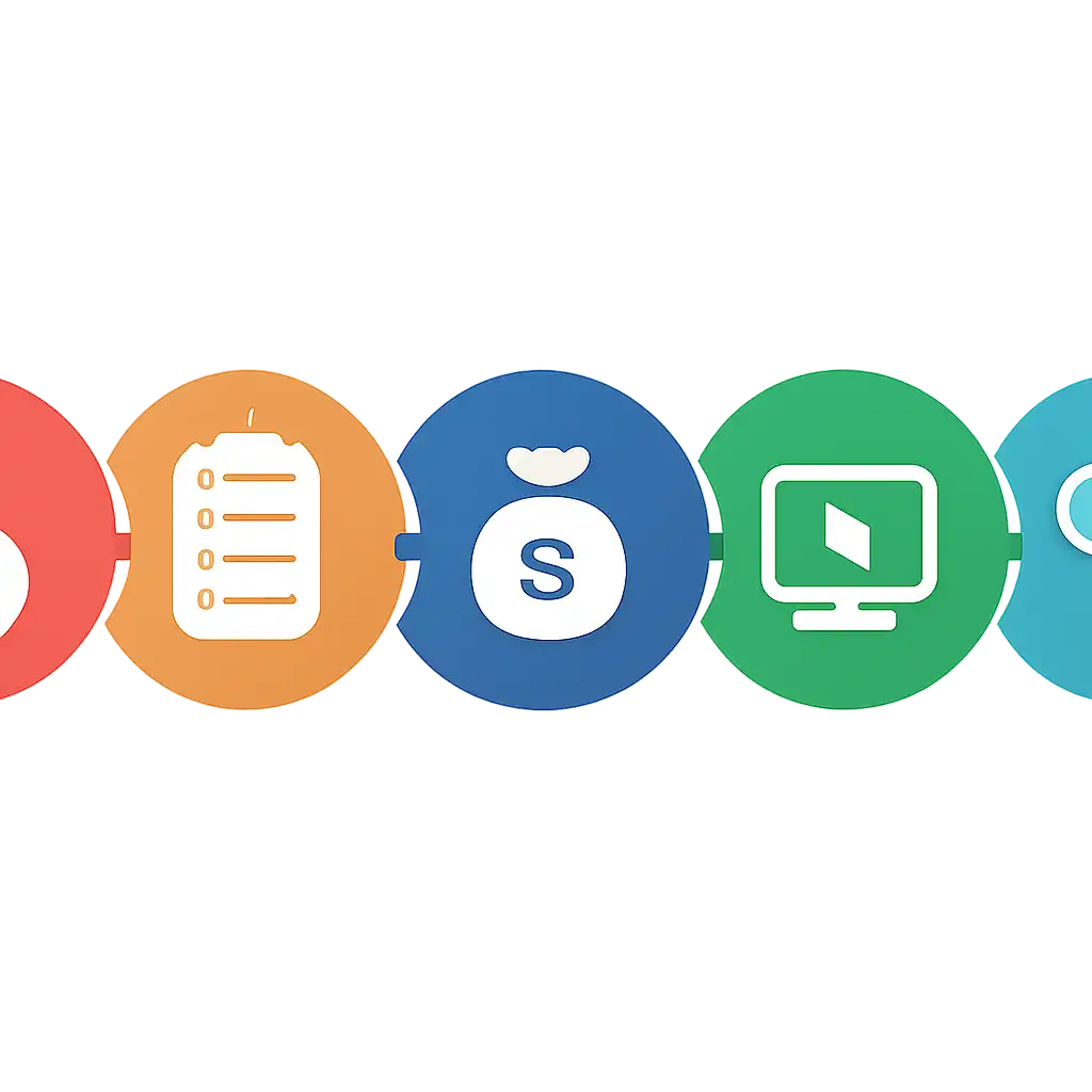 Five numbered circular icons connected by arrows in a horizontal flow, flat illustration, icons only, no words, 55 Club steps