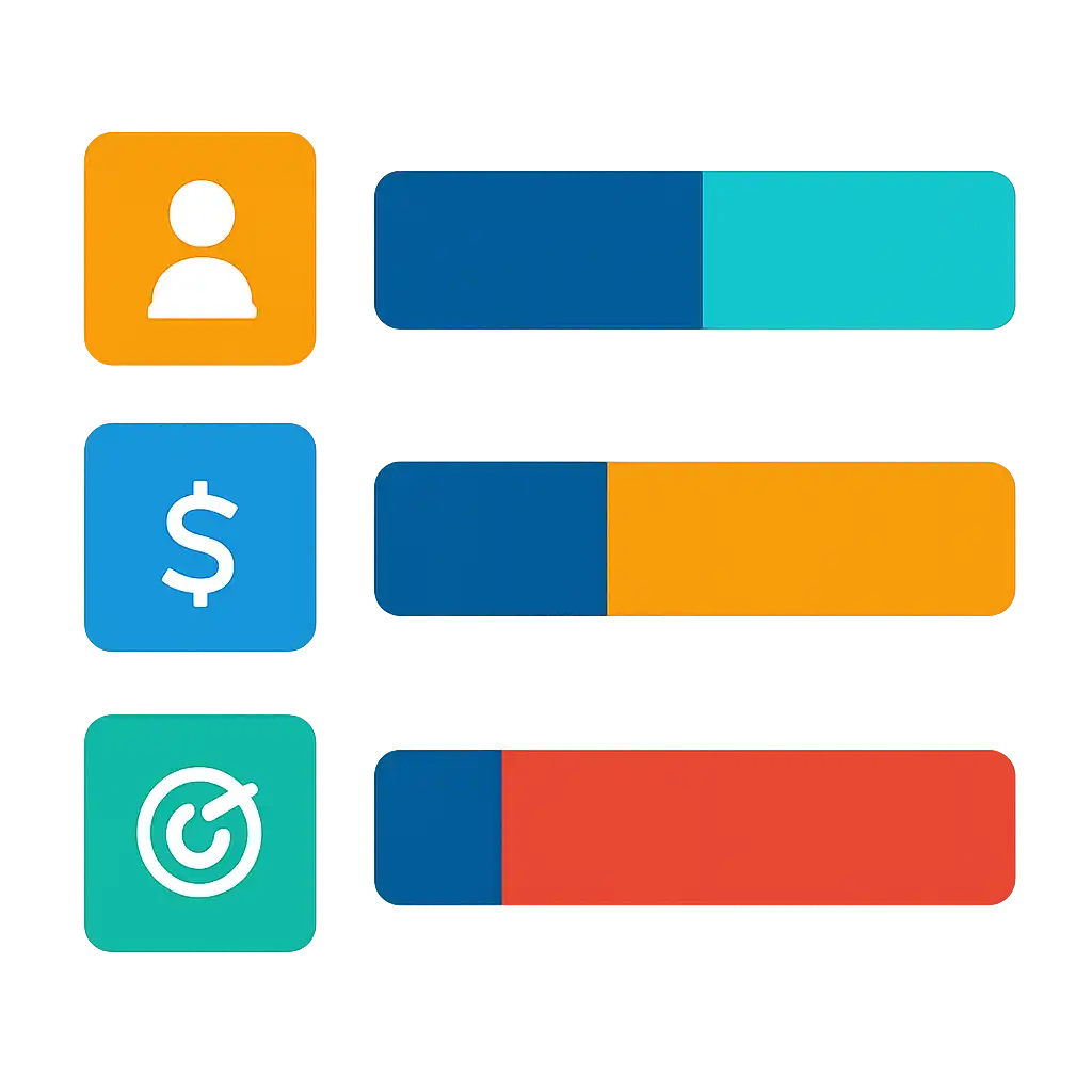 Infographic comparing options using coloured bars and icons only, no text or labels, flat design, 55 Club