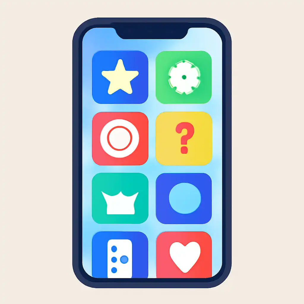 Smartphone shown from the front displaying a colourful flat layout of abstract game icons and rounded tiles (no text, no letters, no labels), Star