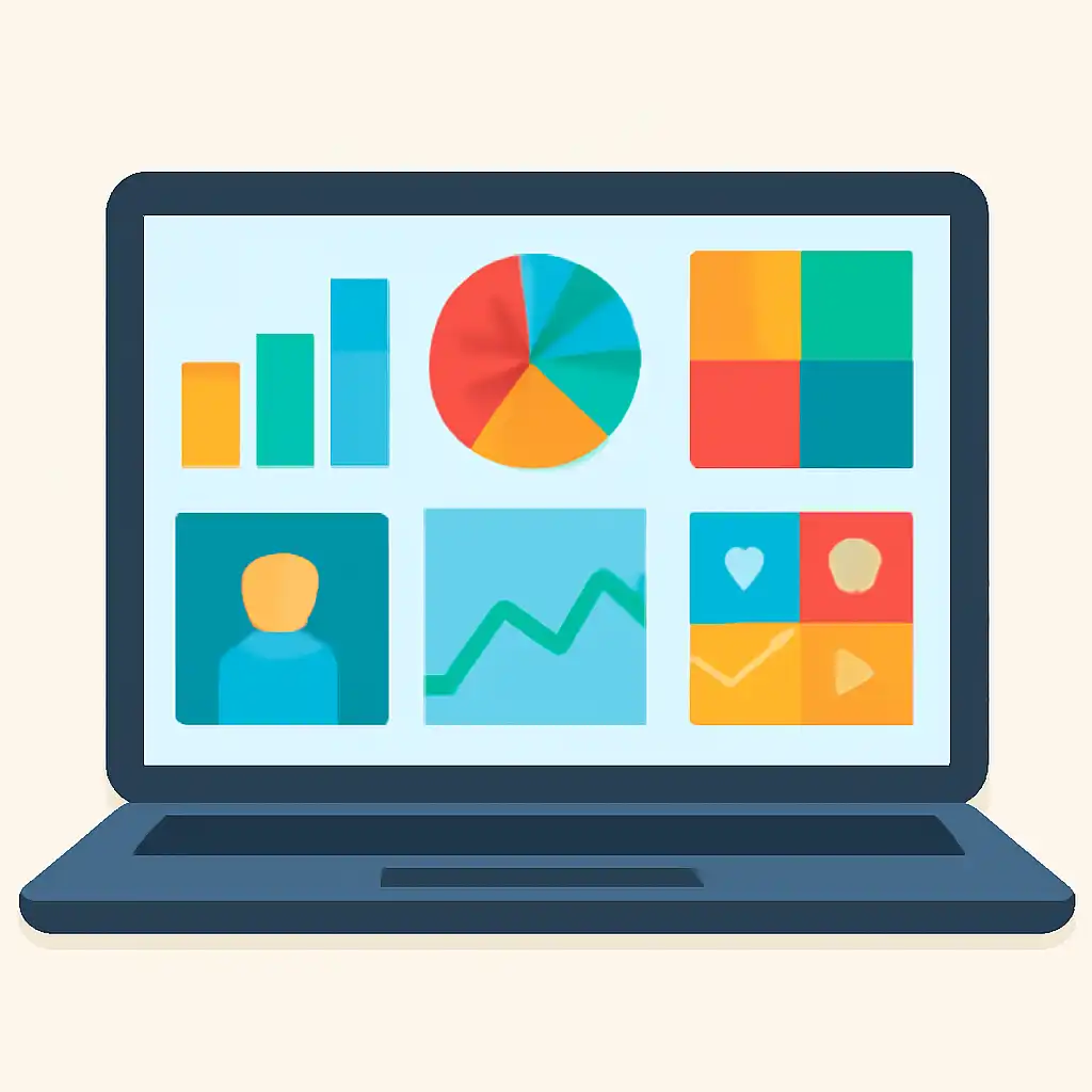 Laptop shown from the front displaying a colourful flat dashboard of abstract charts, bars and icon tiles (no text, no letters, no labels), Star