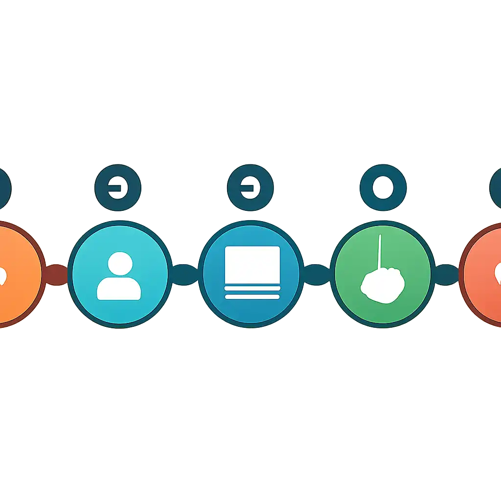 Five numbered circular icons connected by arrows in a horizontal flow, flat illustration, icons only, no words, Star steps
