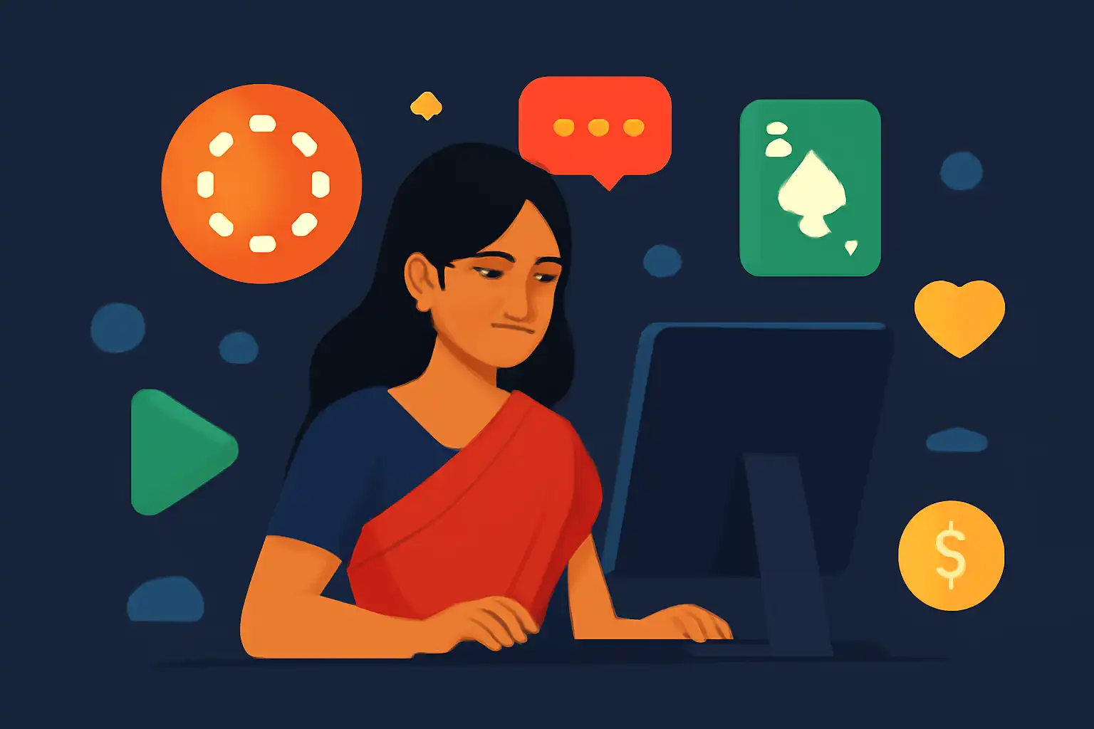 Hero illustration: Sharda, modern flat design, dark background, brand-neutral, icons and shapes only, no text