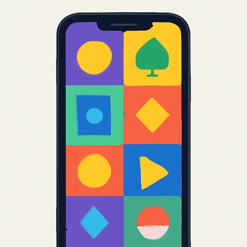 Smartphone shown from the front displaying a colourful flat layout of abstract game icons and rounded tiles (no text, no letters, no labels), Sharda