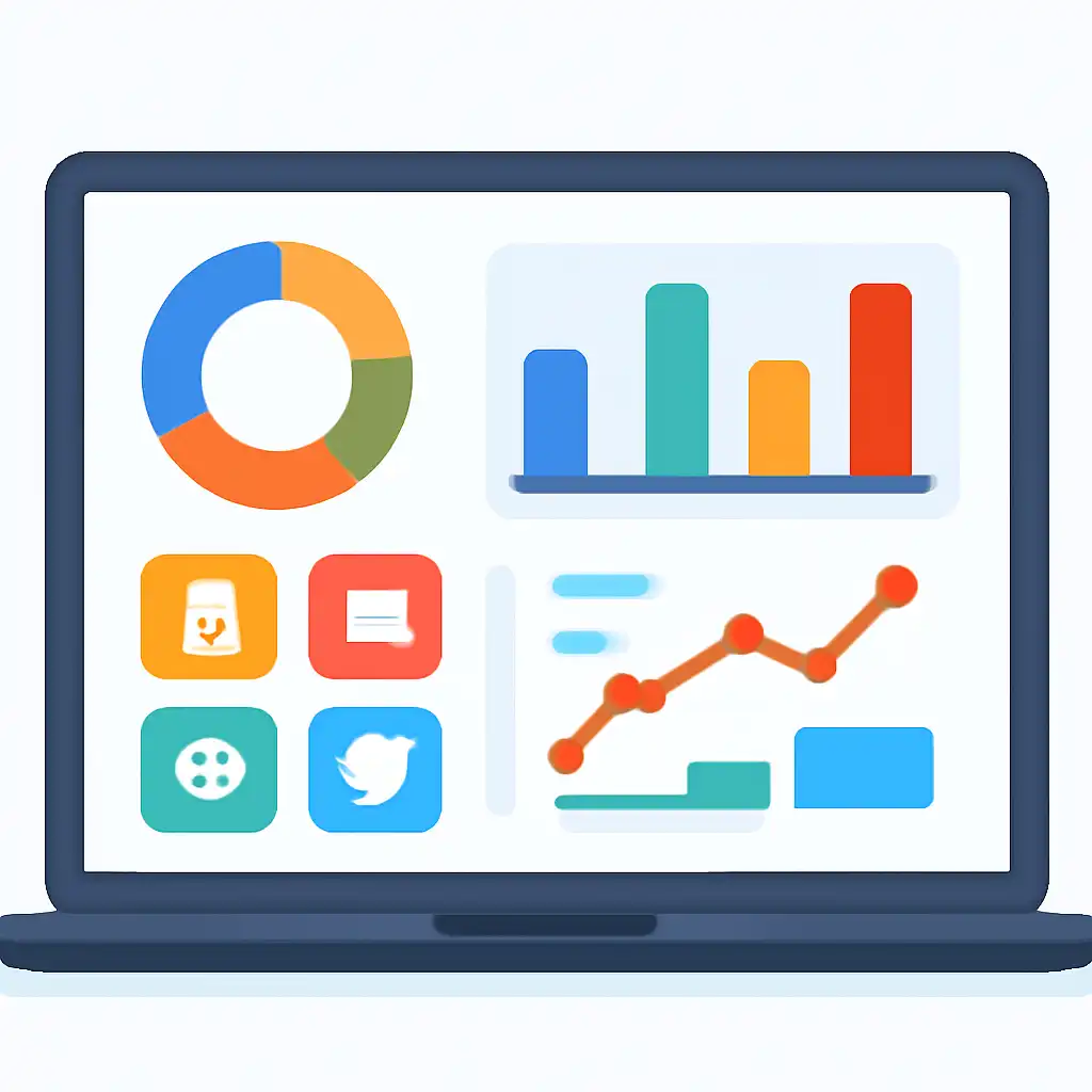 Laptop shown from the front displaying a colourful flat dashboard of abstract charts, bars and icon tiles (no text, no letters, no labels), Sharda