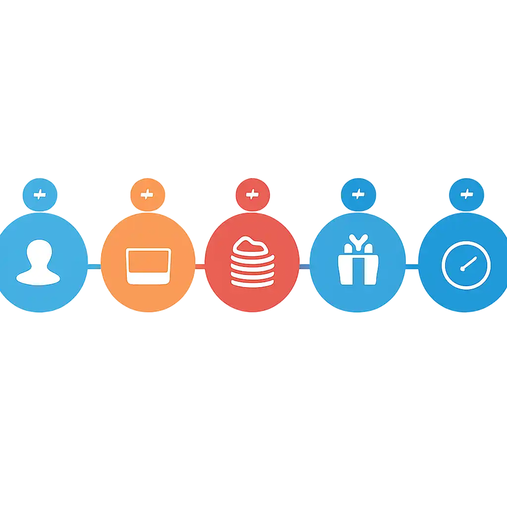Five numbered circular icons connected by arrows in a horizontal flow, flat illustration, icons only, no words, Sharda steps