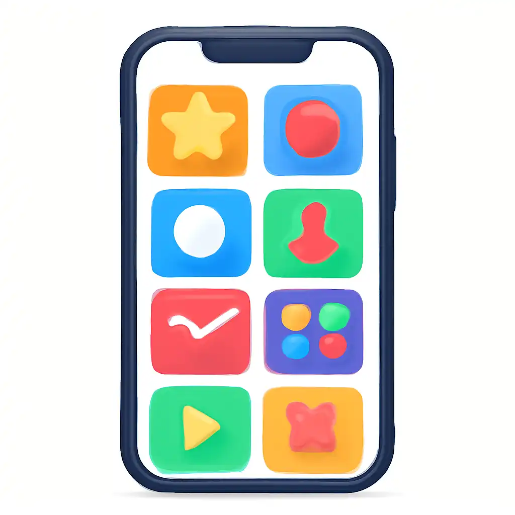 Smartphone shown from the front displaying a colourful flat layout of abstract game icons and rounded tiles (no text, no letters, no labels), 55club