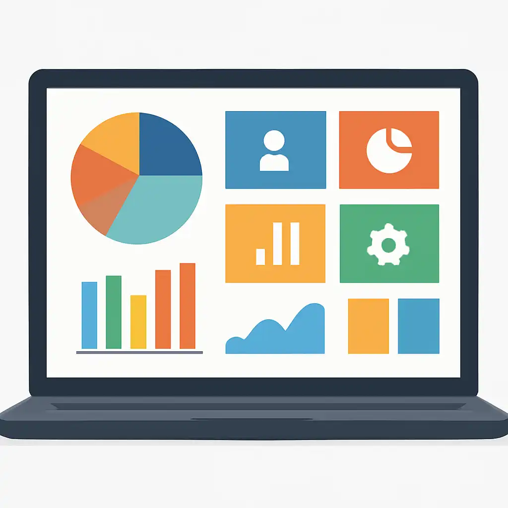 Laptop shown from the front displaying a colourful flat dashboard of abstract charts, bars and icon tiles (no text, no letters, no labels), 55club