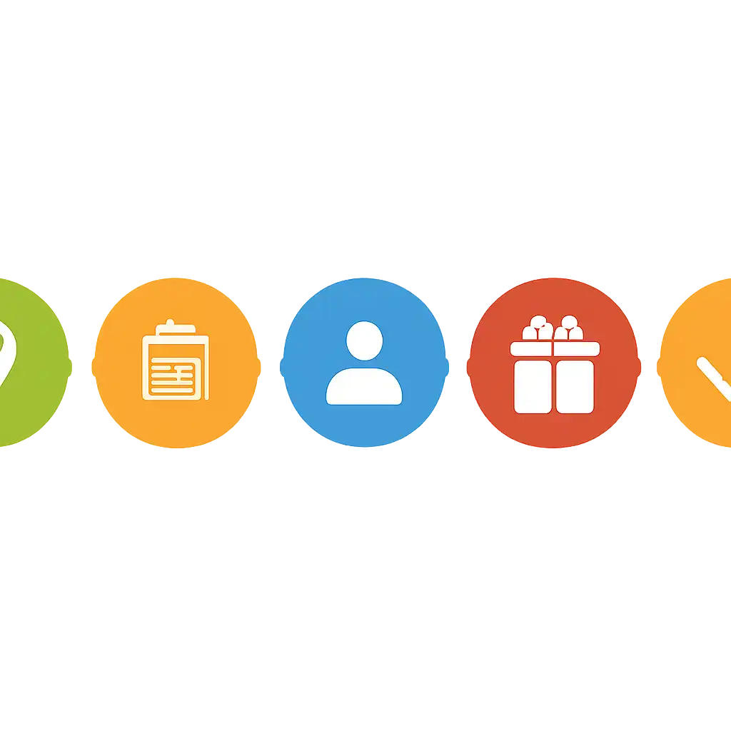 Five numbered circular icons connected by arrows in a horizontal flow, flat illustration, icons only, no words, 55club steps