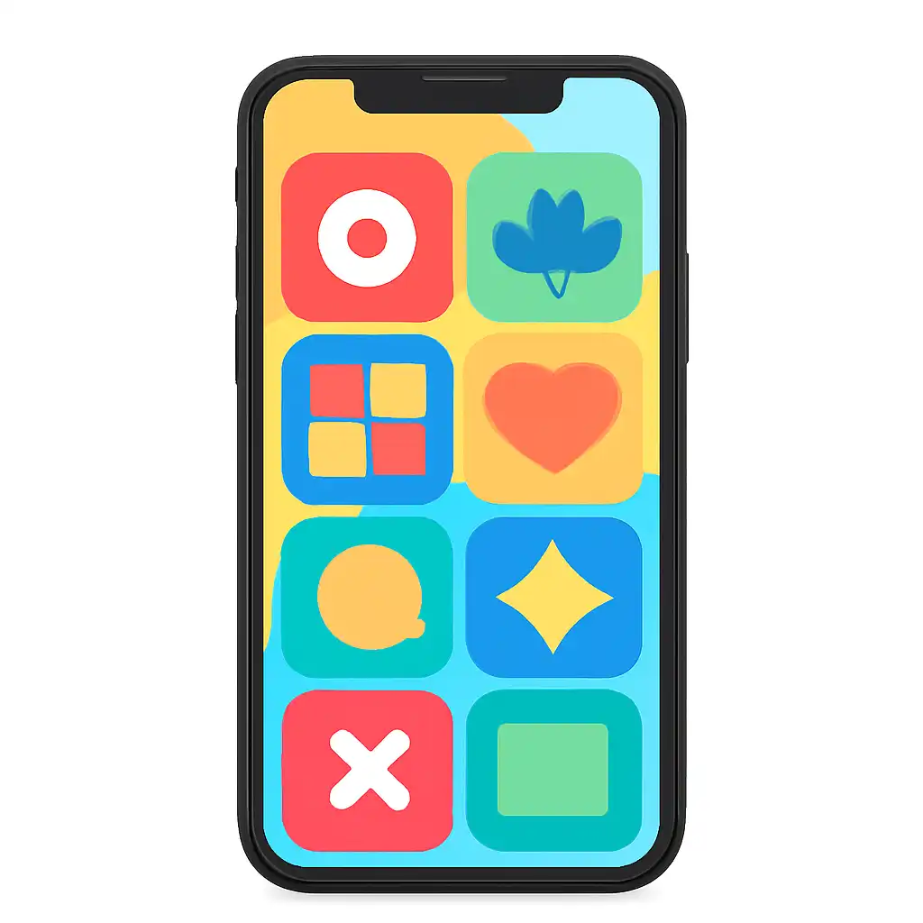 Smartphone shown from the front displaying a colourful flat layout of abstract game icons and rounded tiles (no text, no letters, no labels), Anil