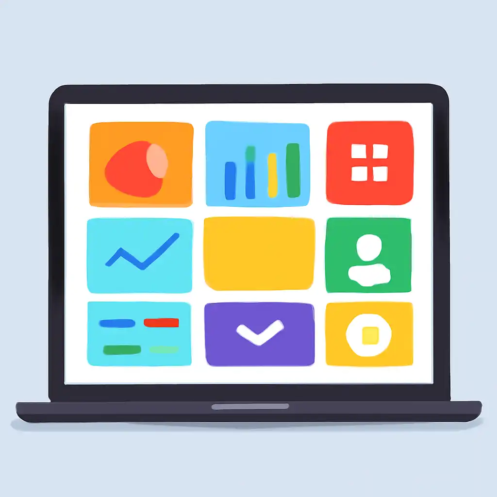 Laptop shown from the front displaying a colourful flat dashboard of abstract charts, bars and icon tiles (no text, no letters, no labels), Anil