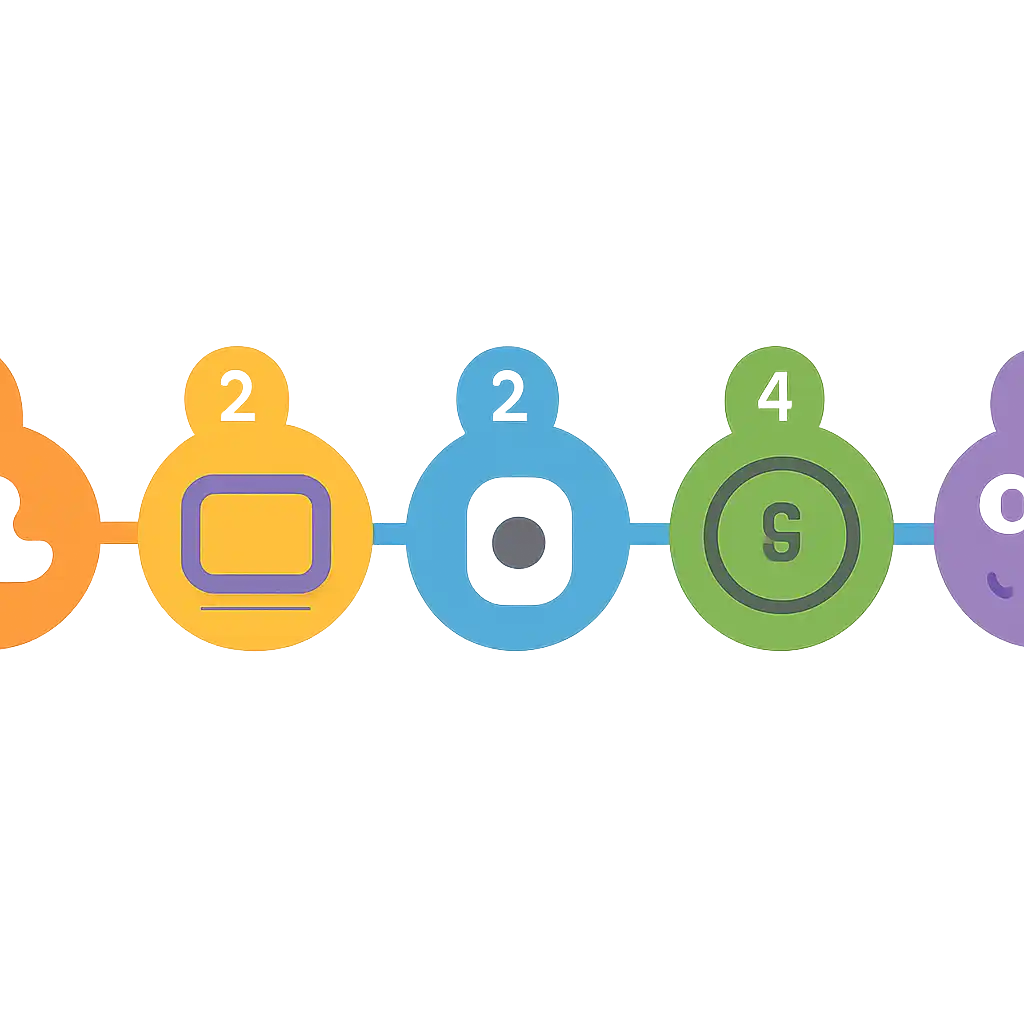 Five numbered circular icons connected by arrows in a horizontal flow, flat illustration, icons only, no words, Anil steps