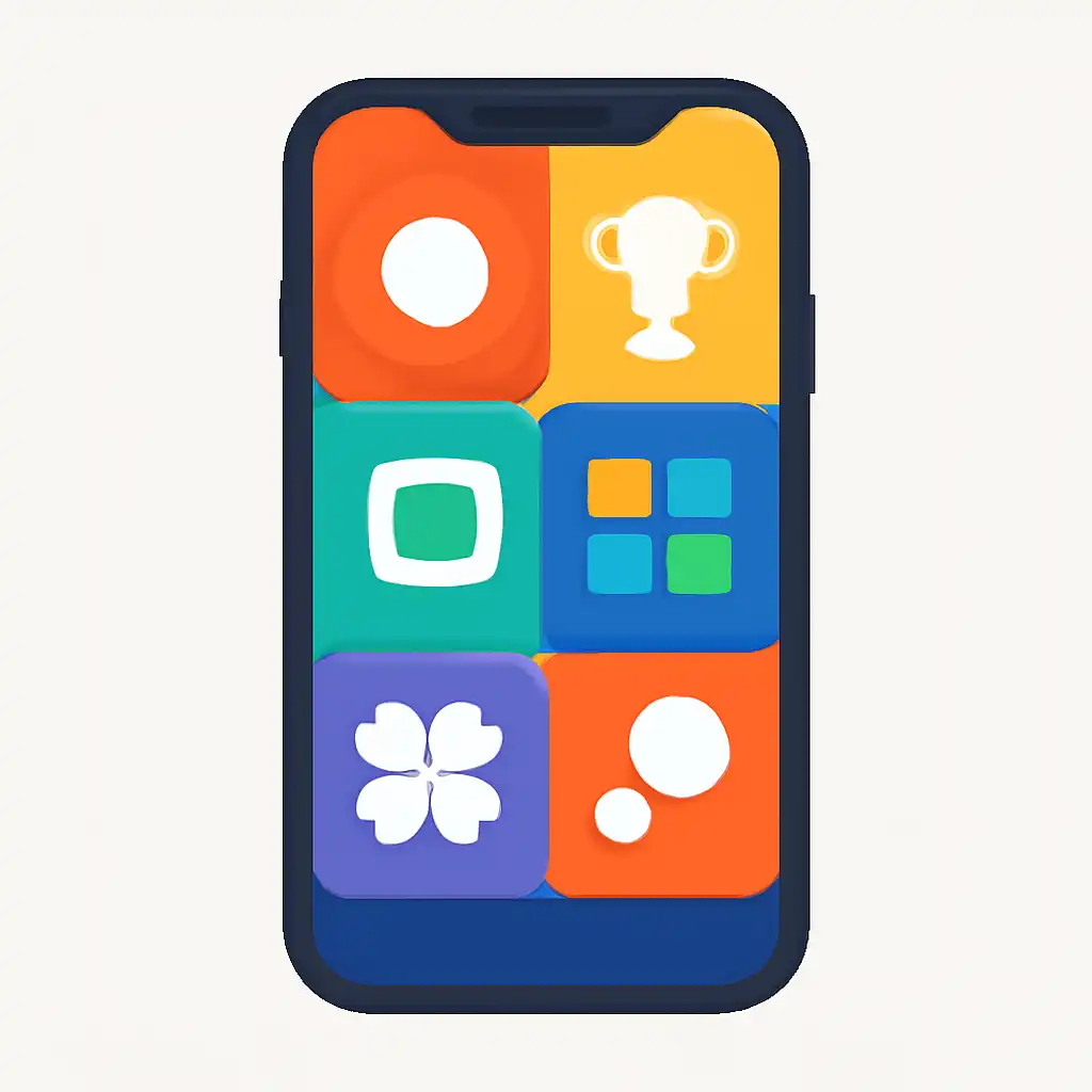 Smartphone shown from the front displaying a colourful flat layout of abstract game icons and rounded tiles (no text, no letters, no labels), Amazon