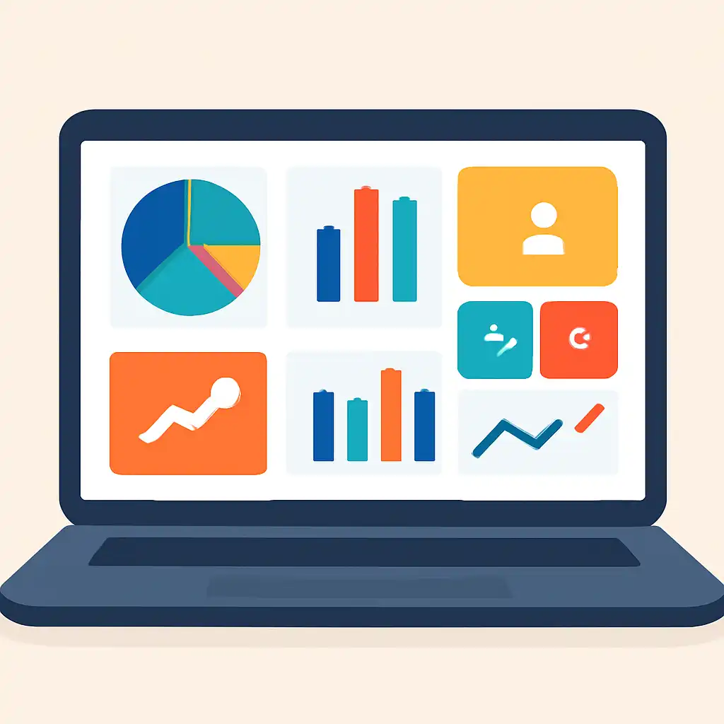 Laptop shown from the front displaying a colourful flat dashboard of abstract charts, bars and icon tiles (no text, no letters, no labels), Amazon