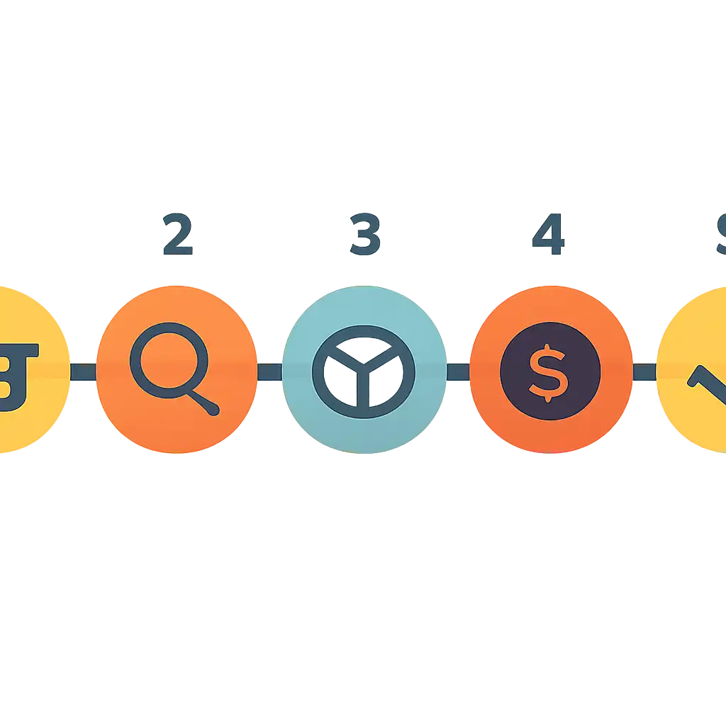 Five numbered circular icons connected by arrows in a horizontal flow, flat illustration, icons only, no words, Amazon steps